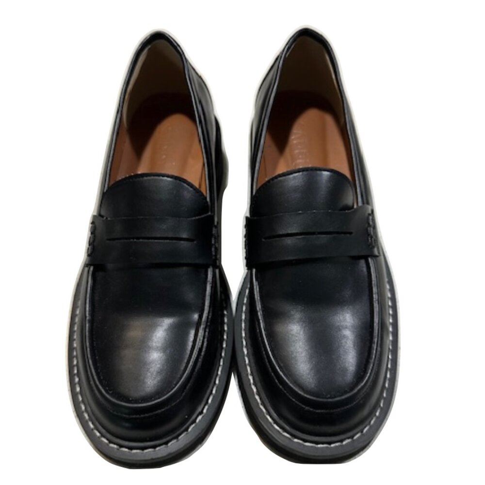 Black Faux Leather Penny Loafers With White Stitching